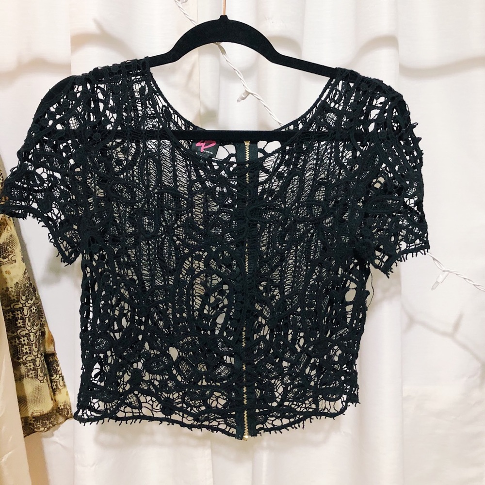 BEBE Crochet Zip Back Top
